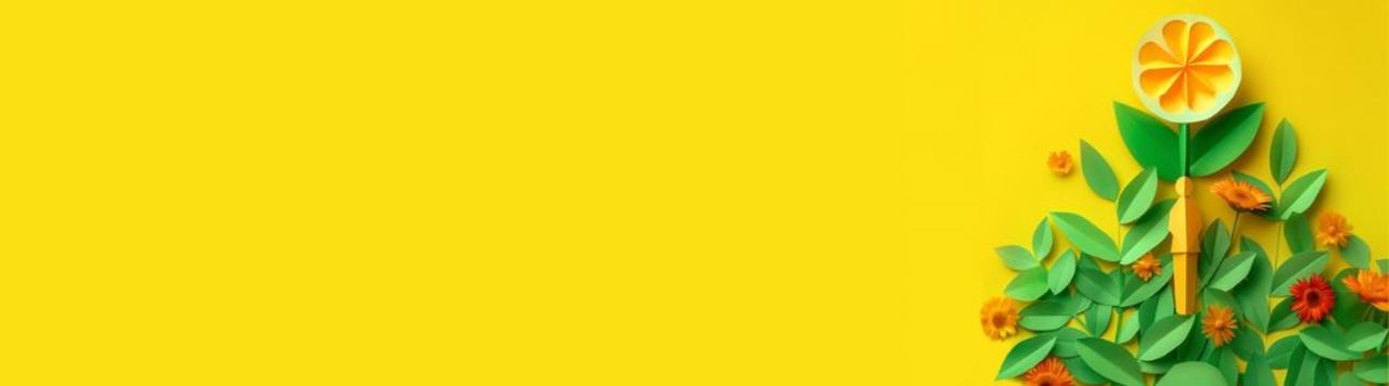 Illustration de fond jaune vif avec une fleur en papier faite à partir de feuilles vertes et de pétales d'agrumes, entourée de fleurs colorées.