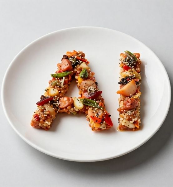 Assiette blanche avec lettres AI composées d’aliments variés, symbolisant l’intelligence artificielle et la data dans l’alimentation