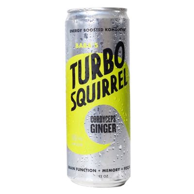 Cannette de boisson kombucha grise et jaune présentée sur fond blanc.