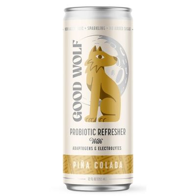 Cannette de boisson probiotique beige et jaune présentée sur fond blanc.