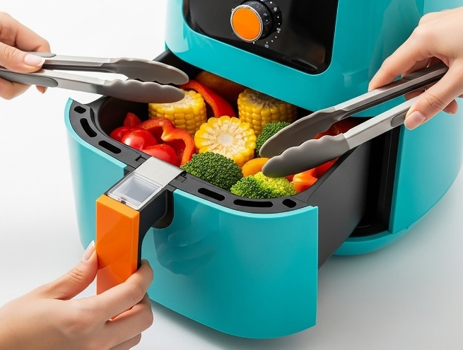 Deux mains manipulant une friteuse à air avec des légumes colorés à l'intérieur, comme du maïs, du brocoli et des poivrons.