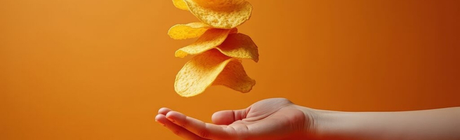 Potato chips floating in the air, with an open hand below, against a bright orange background.