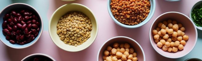 Bols contenant différentes légumineuses, haricots, pois chiches et lentilles, vus de dessus.