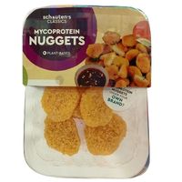 Tray of plant-based mycoprotein nuggets displayed on a white background.