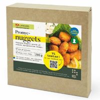 Box of plant-based nuggets shown in cardboard packaging.
