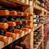 Bouteilles de vin rangées en cave avec éclairage chaud et tons orangés