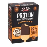 Box of protein chocolate-coated ice cream sticks displayed on a white background.