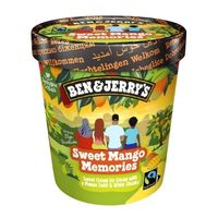 Ben & Jerry’s mango ice cream tub with colorful packaging on a white background.
