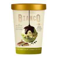 Chocolate and pistachio ice cream tub with sauce, displayed on a white background.