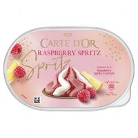 Carte d’Or raspberry spritz flavored ice cream tub on a white background.