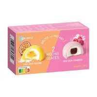 Box of mochi ice cream displayed on a white background, pink packaging.