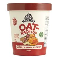 Oat-based ice cream tub with caramel and peanut flavor, brown packaging.