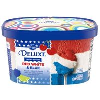 Ice cream tub with red, white and blue colors displayed on a white background.