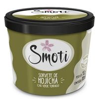Hojicha sorbet tub displayed on a white background, green packaging.