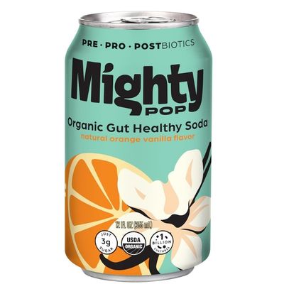 Cannette de soda aux pré, pro et postbiotiques saveur orange et vanille, présentée sur fond blanc.