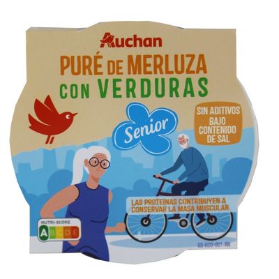 Plat senior Auchan purée de merlu avec légumes, riche en protéines, faible en sel et adapté aux personnes âgées