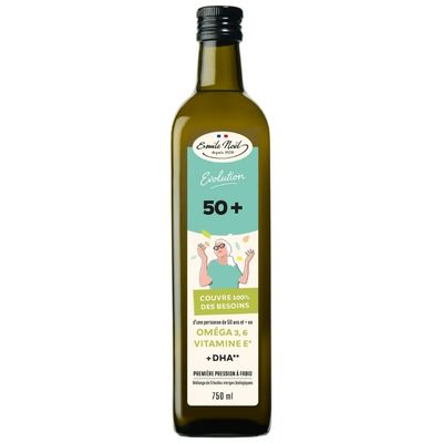 Bouteille d’huile enrichie en oméga 3, 6 et DHA pour personnes de plus de 50 ans, complément nutritionnel santé