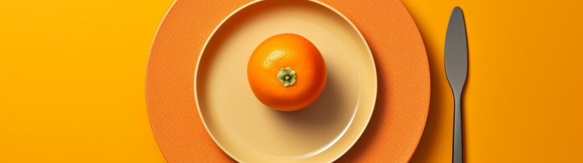 Une orange sur une assiette beige, accompagnée d'un couteau en métal noir, sur un fond orange vif.
