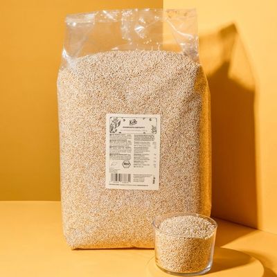 Bag of organic puffed amaranth with a serving portion in a small bowl