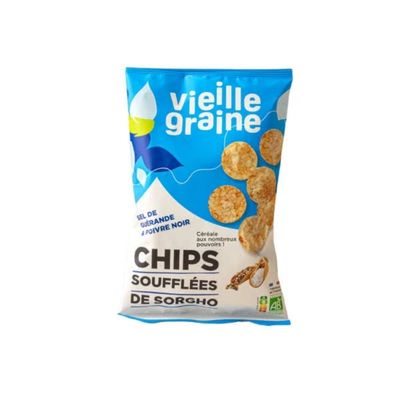 Bag of puffed sorghum chips, gluten-free snack made from ancient grains