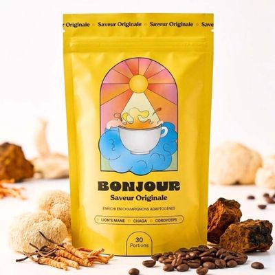 Ground coffee pack with coffee beans and cup on light background