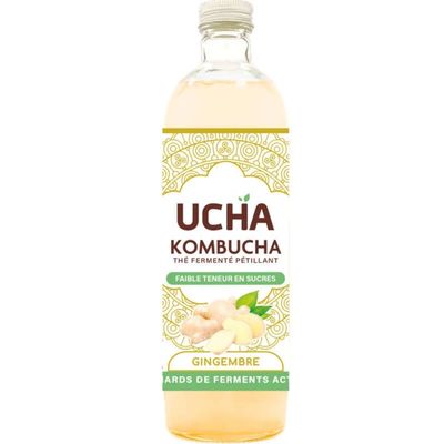 Ucha kombucha bottle on light background