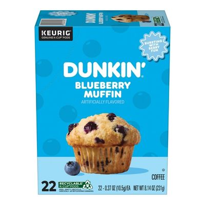 Box of Dunkin coffee pods with blueberry muffin flavor.