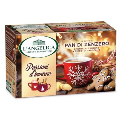 Winter herbal tea with ginger and cinnamon in festive packaging.