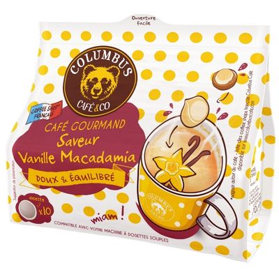 Vanilla macadamia flavored coffee pods box.