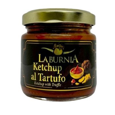 Pot de ketchup à la truffe présenté sur fond blanc