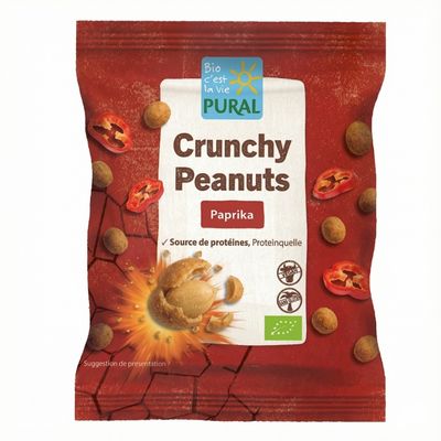 Sachet Pural Crunchy Peanuts Paprika, cacahuètes croustillantes bio saveur paprika.