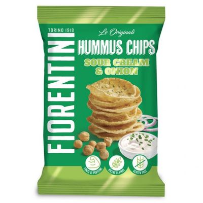 Sachet Fiorentini Hummus Chips Sour Cream & Onion, chips de houmous crème et oignon.