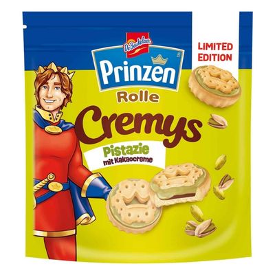 Sachet DeBeukelaer Prinzen Rolle Cremys Pistazie, biscuits fourrés à la crème de pistache.