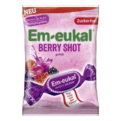 Sachet Em-eukal Berry Shot, bonbons sans sucre au cœur fruité aux fruits rouges.