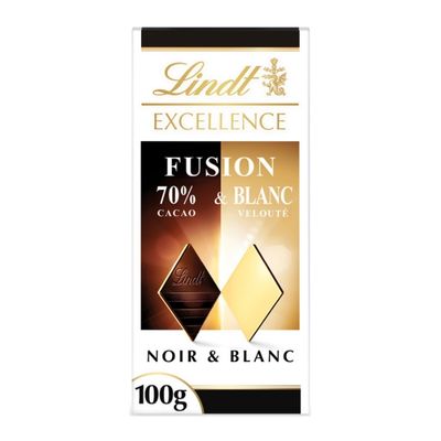 Tablette Lindt Excellence Fusion Noir & Blanc, chocolat noir et chocolat blanc.