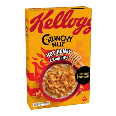 Boîte Kellogg’s Crunchy Nut Hot Honey Crunchies, céréales croustillantes saveur miel pimenté.