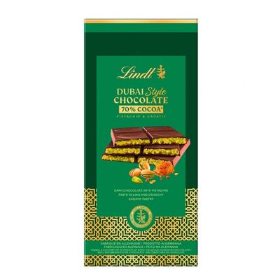 Tablette Lindt Dubai Style Chocolate 70 % cacao, pistache et kadaif.