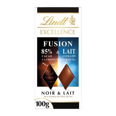 Tablette Lindt Excellence Fusion Noir & Lait, cacao 85 % avec fleur de sel.