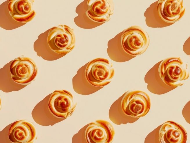 Pattern of small rolled buns arranged on a beige background.