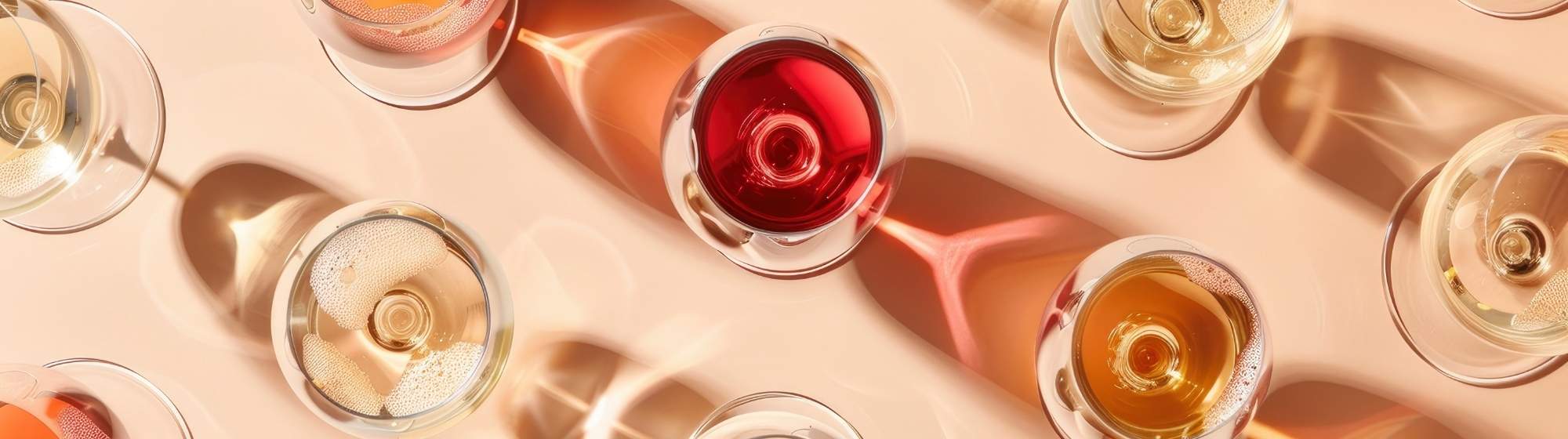 Verres de vin blanc, rosé et ambré disposés en flat lay sur fond beige rosé