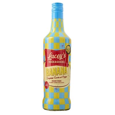Bouteille de vodka saveur banane au design jaune et bleu