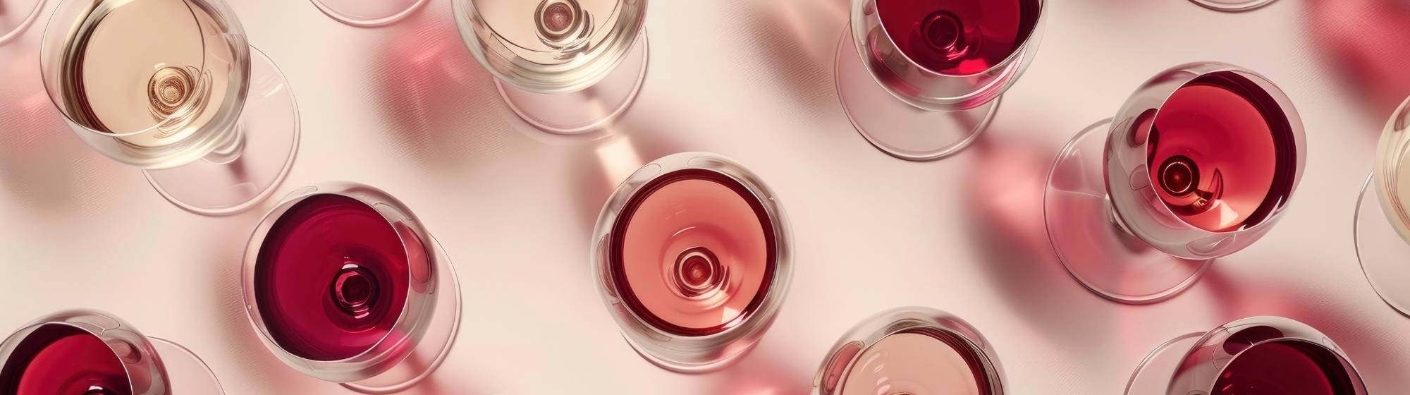 Verres de boissons rouges, rosées et claires disposés en composition graphique vue de dessus