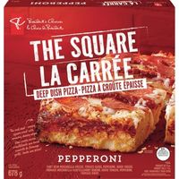 Square pepperoni pizza with thick crust, frozen product