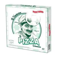 Frozen pizza box featuring an illustrated chef on the packaging.