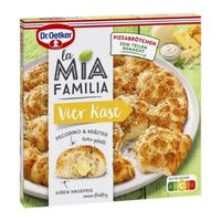Frozen cheese pizza presented in Mia Familia packaging.