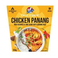 Frozen chicken panang dish served with rice in ready-meal packaging.