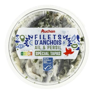 Filets d'anchois à l'ail et persil, spécial tapas, marque Auchan