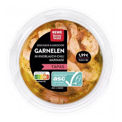 Crevettes marinées à l'ail et au chili dans un emballage tapas, marque Rewe.