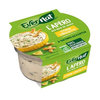 Evernat L’Apéro vegetarian cashew spread lemon and chive flavor in plastic tub with green lid.