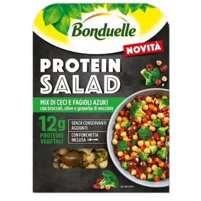 Bonduelle protein salad with chickpeas and azuki beans, broccoli, olives and seeds.